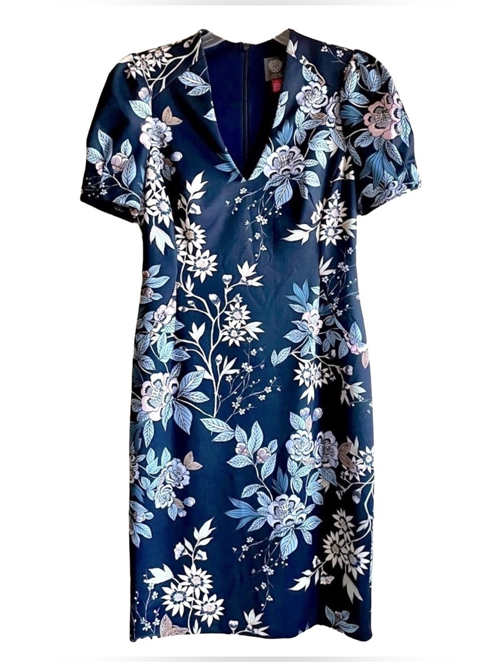 Vince Camuto Floral Navy Blue White Puff Sleeve Sheath Dress Size M 10